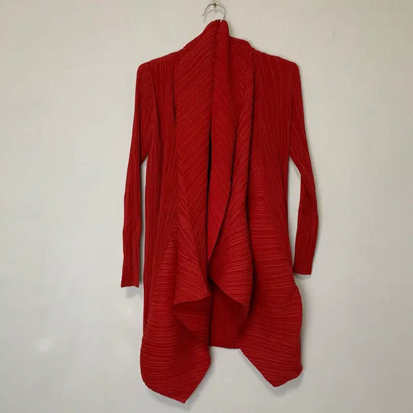 [BUNJANG] Vintage Japanese Pleated Shawl Collar Hook Cardigan - Red (Pleats Please Style) / 일본 빈티지 플리츠 숄 카라 후크 가디건 레드 플리츠플리즈st