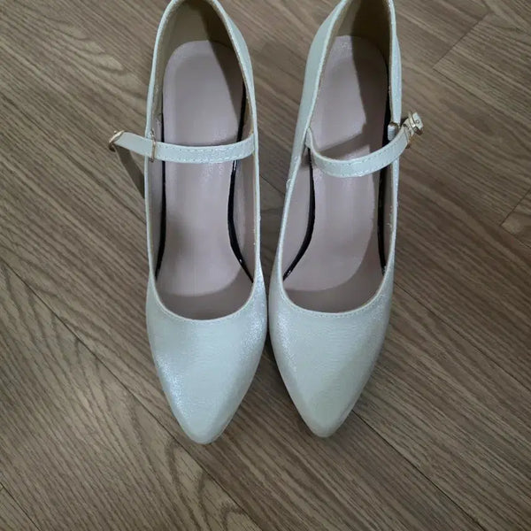 [BUNJANG] White Pearl Chunky Heel Mary Jane Shoes / 메리제인 힐 흰색 펄 신발 청키힐