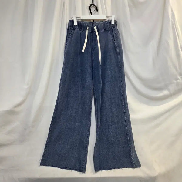 [BUNJANG] Wide Leg Cropped Hem Denim Pants (F Size) / 청바지 와이드 밑단커트통 바지F