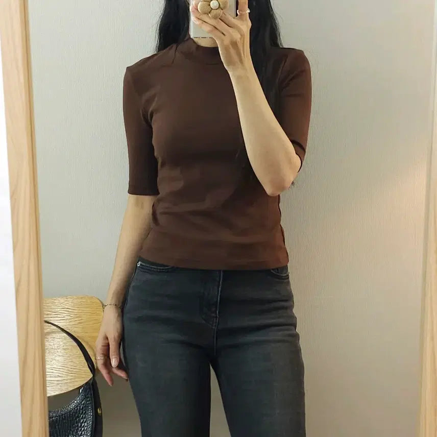[BUNJANG] Uniqlo Women's Semi-Turtleneck 7/10 Sleeve T-Shirt - Brown (Size S) / (S)유니클로 여성 반목 7부 티셔츠 브라운 H6W4389
