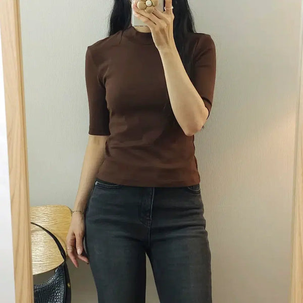 [BUNJANG] Uniqlo Women's Semi-Turtleneck 7/10 Sleeve T-Shirt - Brown (Size S) / (S)유니클로 여성 반목 7부 티셔츠 브라운 H6W4389