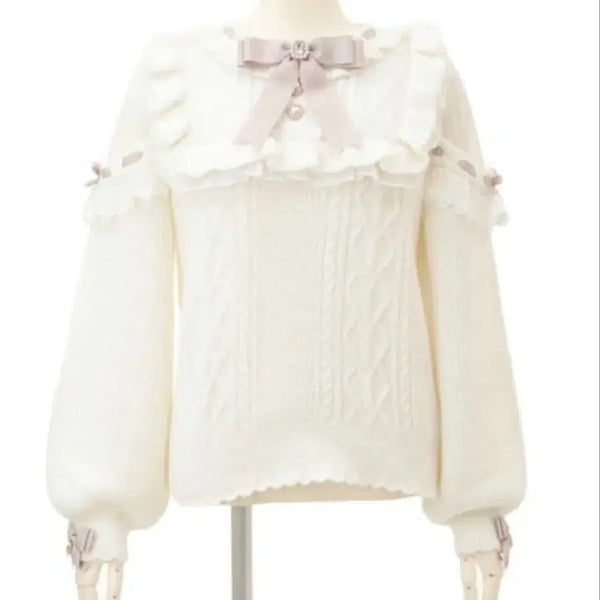[BUNJANG] Lizlisa Pom Pom Ribbon Yoke Knit Blouse - White / 리즈리사 폼폼 리본 요크 니트 양산형 지뢰계 화이트 블라우스 교판