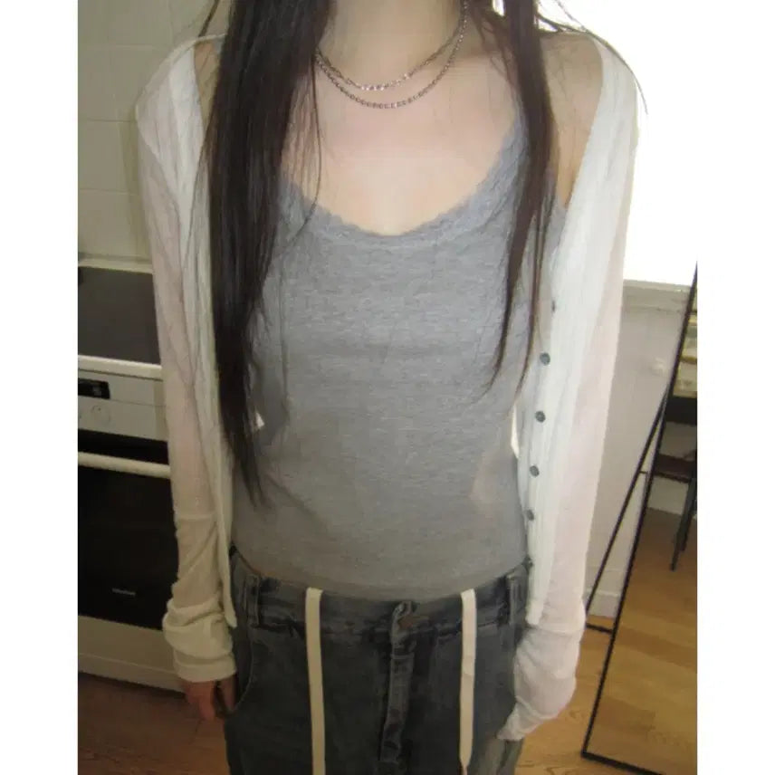 [BUNJANG] IZIZ Daisy Lace Sleeveless Top Gray / 이즈이즈 레이스 슬리브리스 그레이