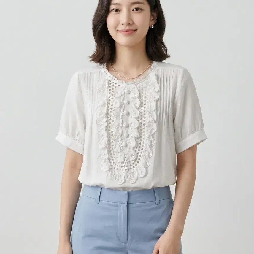 [BUNJANG] Cotton Silk Lace Frill Blouse Cream White / 코튼 실크 레이스 프릴 블라우스 | 크림화이트 | 55 추천