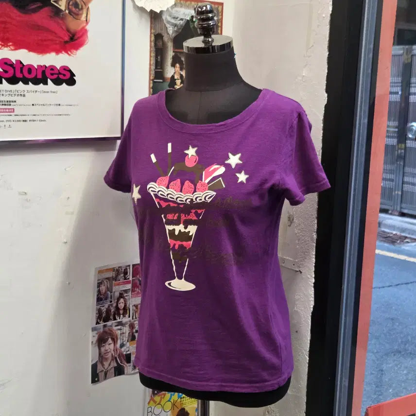 [BUNJANG] JPN Glitter Kitsch Printing Purple Short Sleeve T-Shirt / JPN 글리터 키치 프린팅 퍼플 반팔