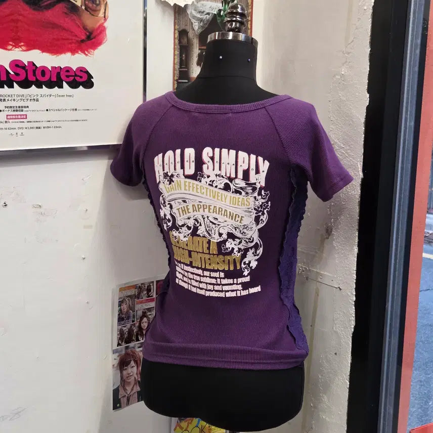 [BUNJANG] JPN Punk Lace Slim Fit Purple Ribbed Short Sleeve Top / JPN 펑크 레이스 슬림핏 퍼플 골지 반팔