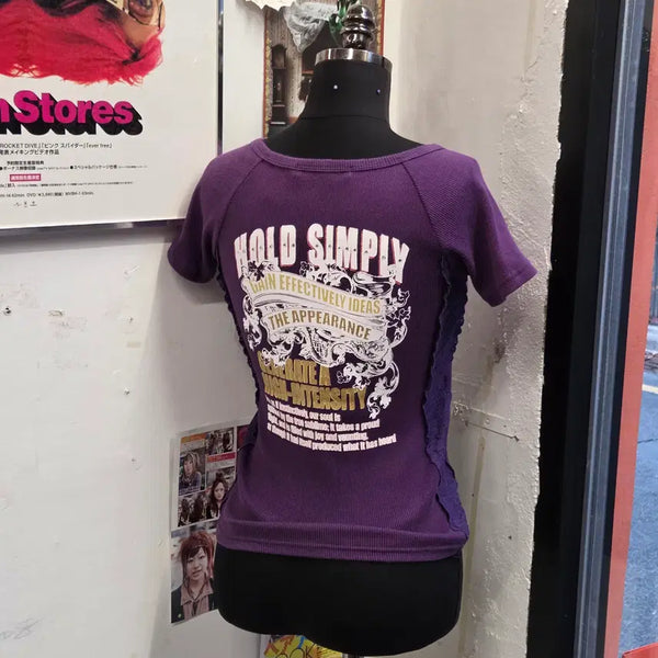 [BUNJANG] JPN Punk Lace Slim Fit Purple Ribbed Short Sleeve Top / JPN 펑크 레이스 슬림핏 퍼플 골지 반팔