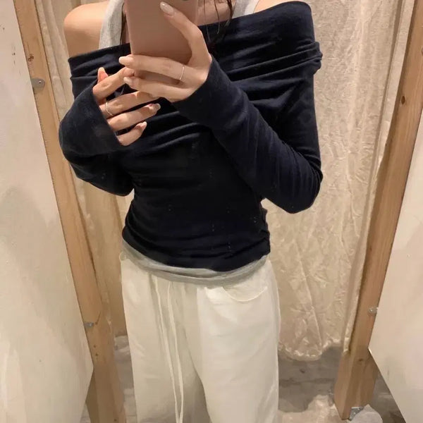 [BUNJANG] Liz Cream Layered T Navy / 리즈 크림 레이어드티 네이비