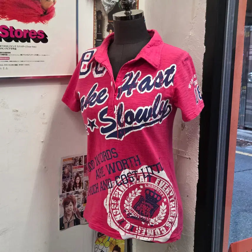 [BUNJANG] Vintage Lettering Pink Short Sleeve T-Shirt / JPN 빈티지 레터링 핑크 PK 반팔