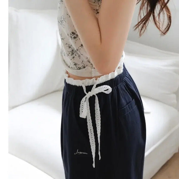 [BUNJANG] LeBonheur Milky Lace Frill Cotton Pants Navy / 르보네어 [made] 밀키 레이스 프릴 코튼 팬츠 네이비