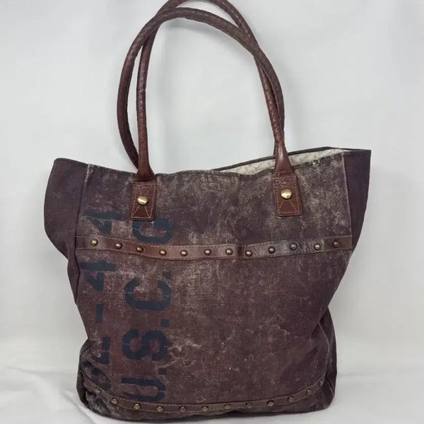 [BUNJANG] Mona B Brown Canvas Stencil Studded Tote Bag / 모나 B 브라운 캔버스 스텐실 스터드 토트백