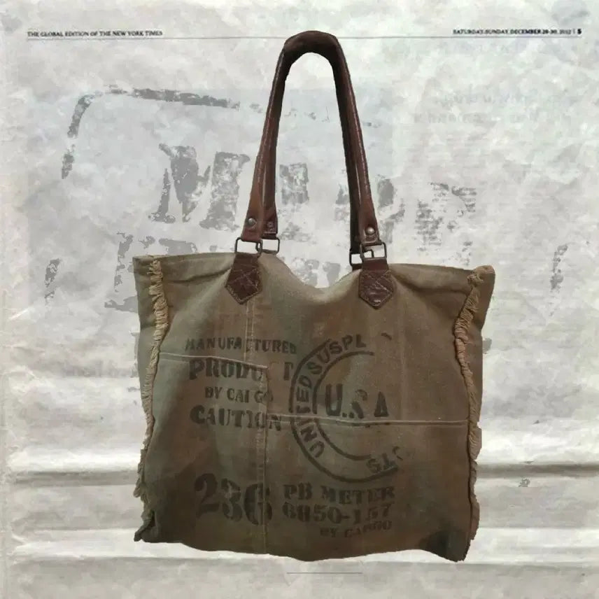 [BUNJANG] Mona B Large Vintage Stencil Recycled Canvas Tote Bag / 빈티지 스텐실 리사이클 캔버스 토트백
