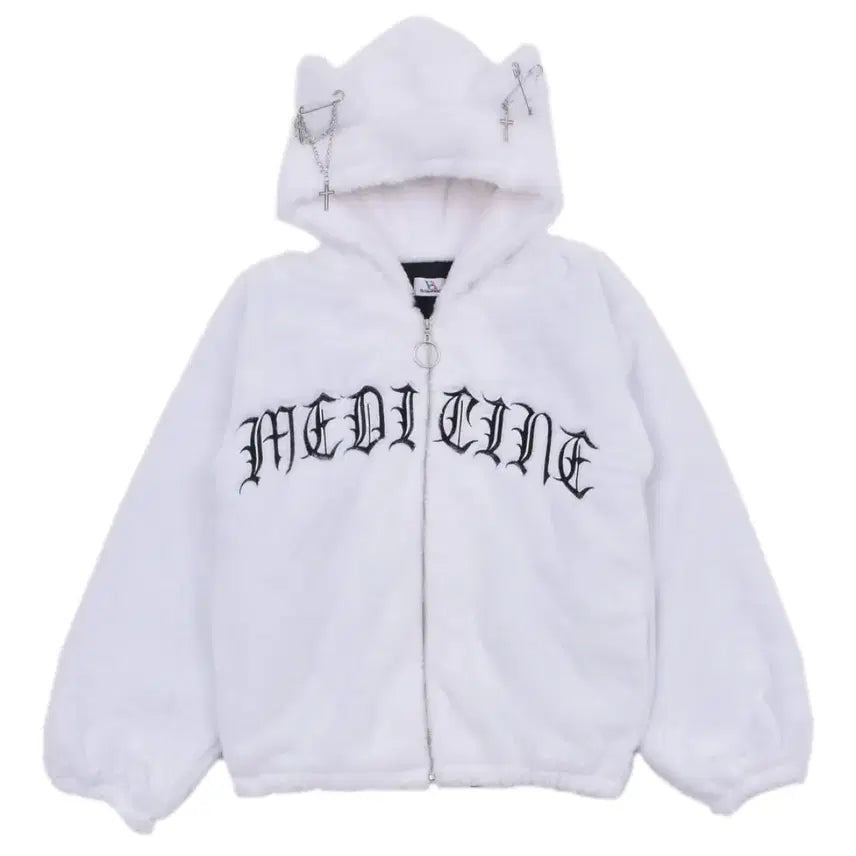 [BUNJANG] Volcan Nekomimi Faux Fur Hoodie White / 볼칸 네코미미 퍼파카 화이트 양산형 지뢰계 중성계