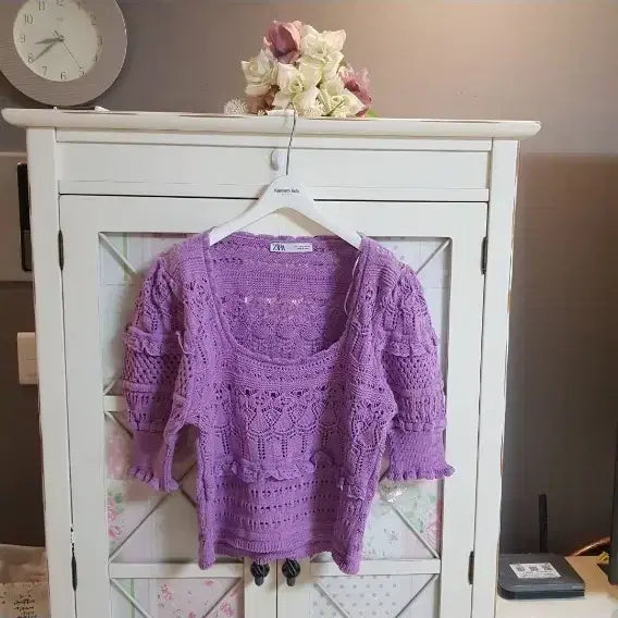 [BUNJANG] Zara Knit Sweater Purple Lace Detail / 자라 니트 스웨터/통통66-77