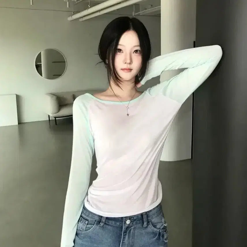 [BUNJANG] Raglan Sleeve Off-the-Shoulder T-Shirt / 마지막가격내림)민트 나그랑 슬리브 오프 티셔츠