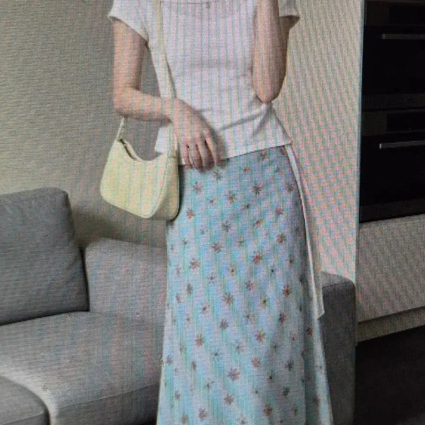 [BUNJANG] White Short Sleeve T-shirt + Floral Pattern Long Skirt Set / (해외배송)화이트 반팔티 +플로럴 패턴 롱 스커트 세트