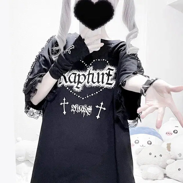 [BUNJANG] MARS Cross Heart Lace Long Short-Sleeve T-Shirt / MARS 마즈 크로스 하트 레이스 롱 반팔 티셔츠