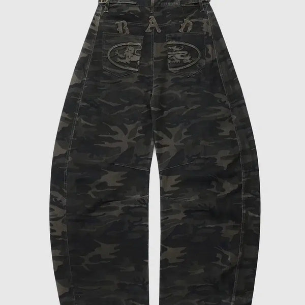 [BUNJANG] Badblood Lion Patch Washed Barrel Pants - Dark Camo / 배드블러드 라이온 패치 워시드 배럴 팬츠 - 카모