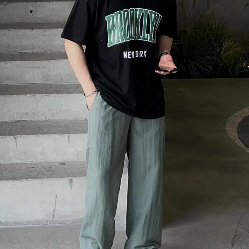 [BUNJANG] Nylon Wide Pants Khaki L / 나일론 와이드 팬츠 카키 L