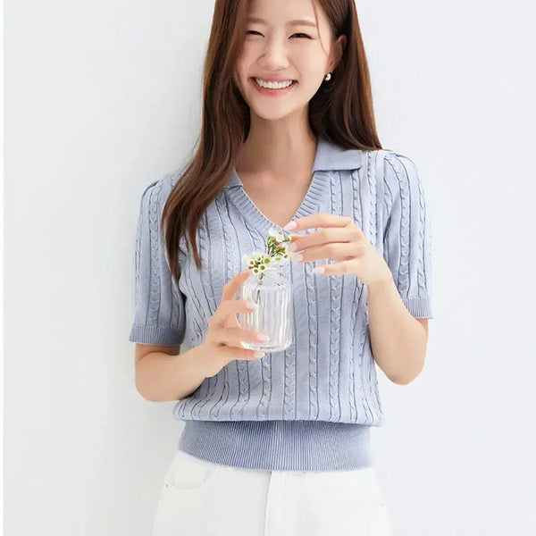 [BUNJANG] ROEM Open Collar Cable Knit Sweater Blue S / 로엠 오픈 카라 케이블 니트 스웨터 블루 S 90