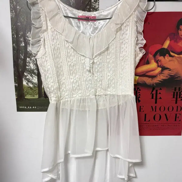 [BUNJANG] Ankrouz Vintage Lace Frill Sleeveless Blouse / 빈티지 앙크루즈 히메갸루 러블리 레이스 프릴 민소매 블라우스