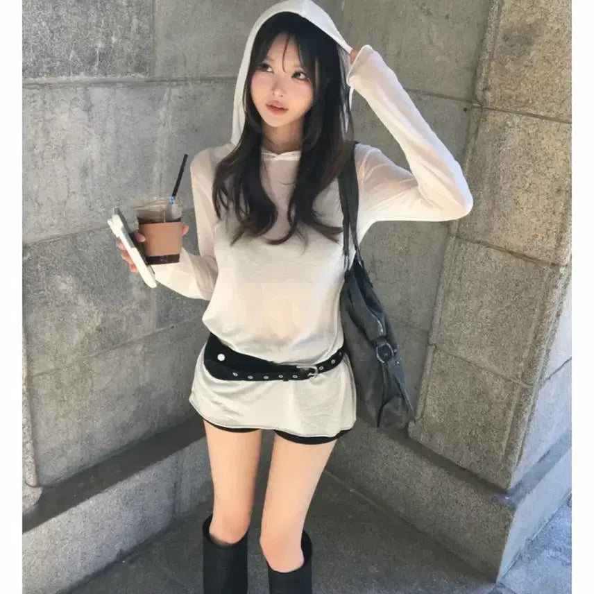 [BUNJANG] Sheer White Hoodie T-Shirt / 시스루 후드티셔츠
