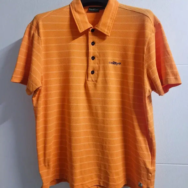 [BUNJANG] Chervo Men's Golf Wear Orange Striped Polo Shirt XL / 이태리명품 쉐르보 남성 골프웨어
