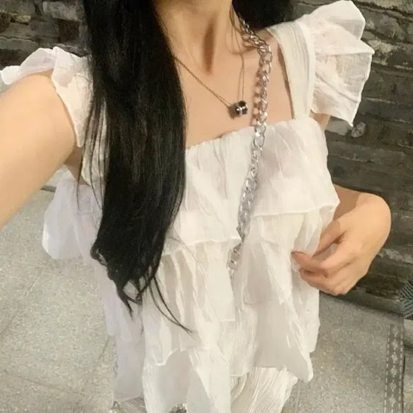 [BUNJANG] Baby Chiffon Goddess Ruffle Sleeveless Blouse / 나시 블라우스
