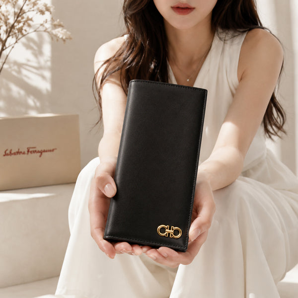 [BUNJANG] Ferragamo 66-A096 0686654 Double Metal Classic Long Wallet Black Calfskin / 페라가모 66-A096 0686654 블랙 장지갑 새상품