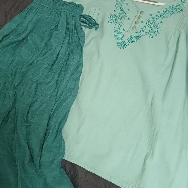 [BUNJANG] Mori Girl Style Blouse and Skirt Set - Teal Mint / 청록 민트 모리걸 하구미 코디세트 일괄 판매