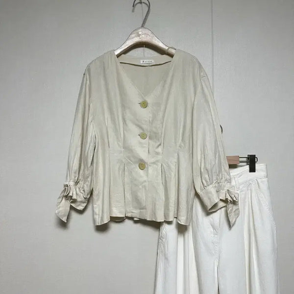 [BUNJANG] It MICHAA Collarless Linen Pintuck Jacket / 잇미샤 논카라 린넨 핀턱 자켓