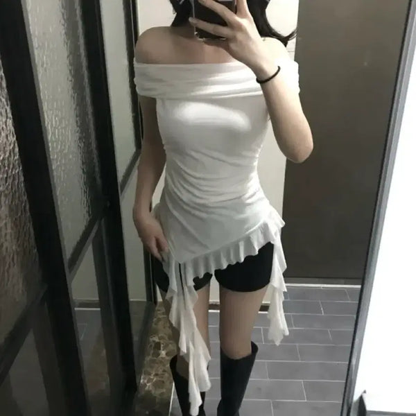 [BUNJANG] Shirring Off-Shoulder Long Layered Tube Top / 에이블리 쉬폰 오프숄더 셔링 롱 레이어드 튜브탑