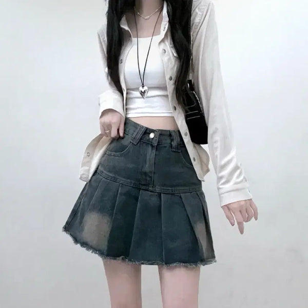 [BUNJANG] A-bly Cutting Washing Denim Pleats Mini Skirt / 에이블리 꼬맹 컷팅 워싱 데님 플리츠 미니스커트 청치마