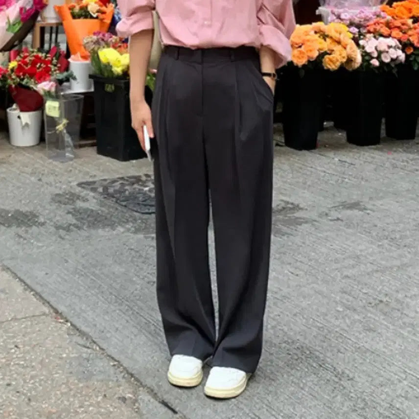 [BUNJANG] WITHYUN Spring Pintuck Wide Slacks Long Charcoal L / 위드윤 스프링 핀턱 와이드 슬랙스 롱기장 챠콜 L