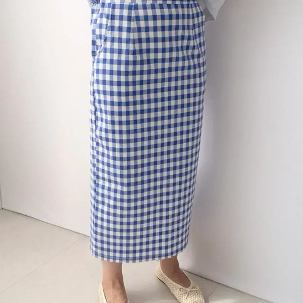 [BUNJANG] Mint Green Gingham Check H-Line Long Skirt / 민트 연두색 깅엄 체크 H라인 롱 스커트