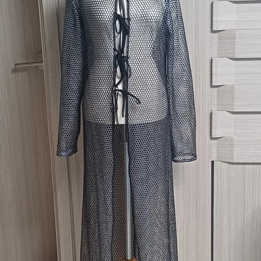 [BUNJANG] Mesh See-Through Long Cardigan Black Silver / 망사시스루 롱 가디건 은검정