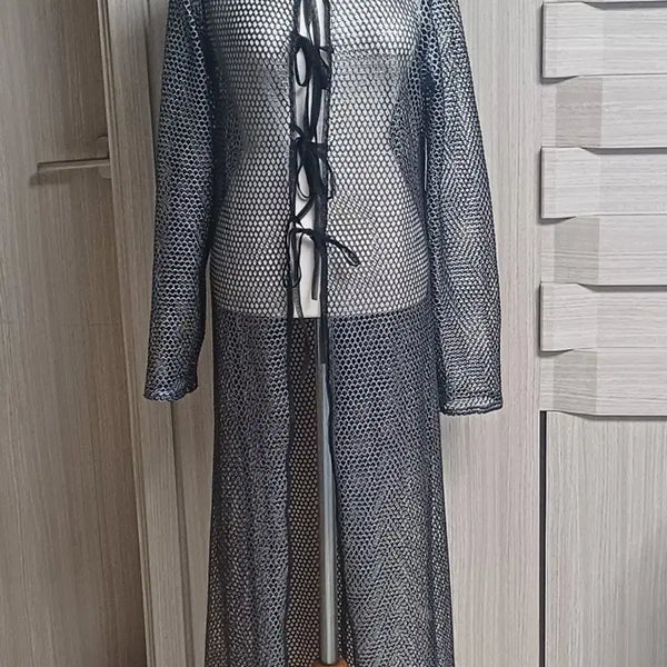 [BUNJANG] Mesh See-Through Long Cardigan Black Silver / 망사시스루 롱 가디건 은검정