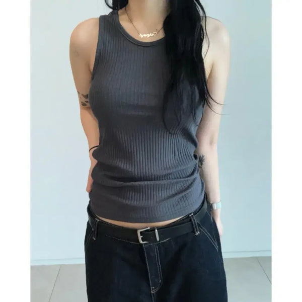 [BUNJANG] Isis Ribbed Long Sleeveless Halter Neck Tank Top - Charcoal / 이즈이즈 골지 롱 슬리브리스 차콜 홀터넥 나시