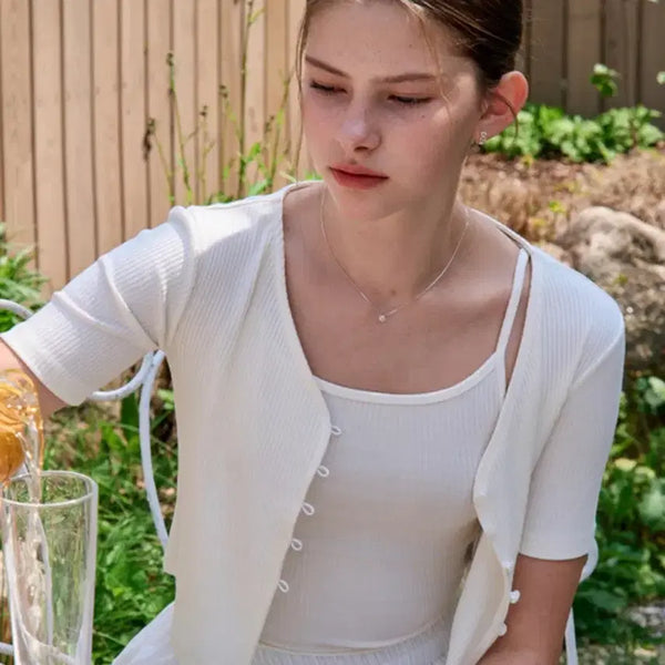 [BUNJANG] JooRti Pebble Button Cardigan + Sleeveless Set - Ivory / 배송비 포함) 주르티 페블 버튼 가디건 + 슬리브리스 아이보리 j1475