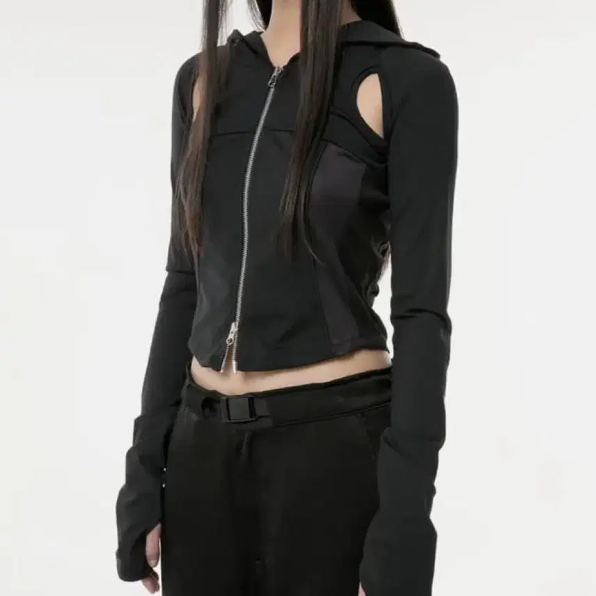 [BUNJANG] PlayUp Black Cut-Out Hoodie Zip-Up / (새상품) 플레이업 블랙 컷아웃 트임 투웨이 후드 집업
