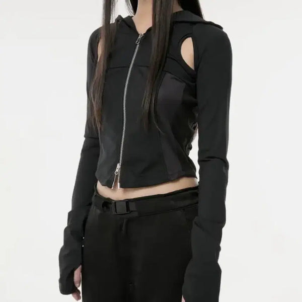 [BUNJANG] PlayUp Black Cut-Out Hoodie Zip-Up / (새상품) 플레이업 블랙 컷아웃 트임 투웨이 후드 집업