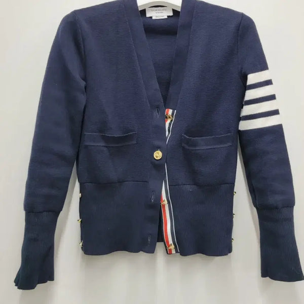 [BUNJANG] Thom Browne Gold Classic Milano Stitch 4-Bar V-Neck Cardigan Navy / (정품/신형)톰브라운 금장 클래식 밀라노스티치 4선 여성 브이넥 가디건 38사이즈 급처