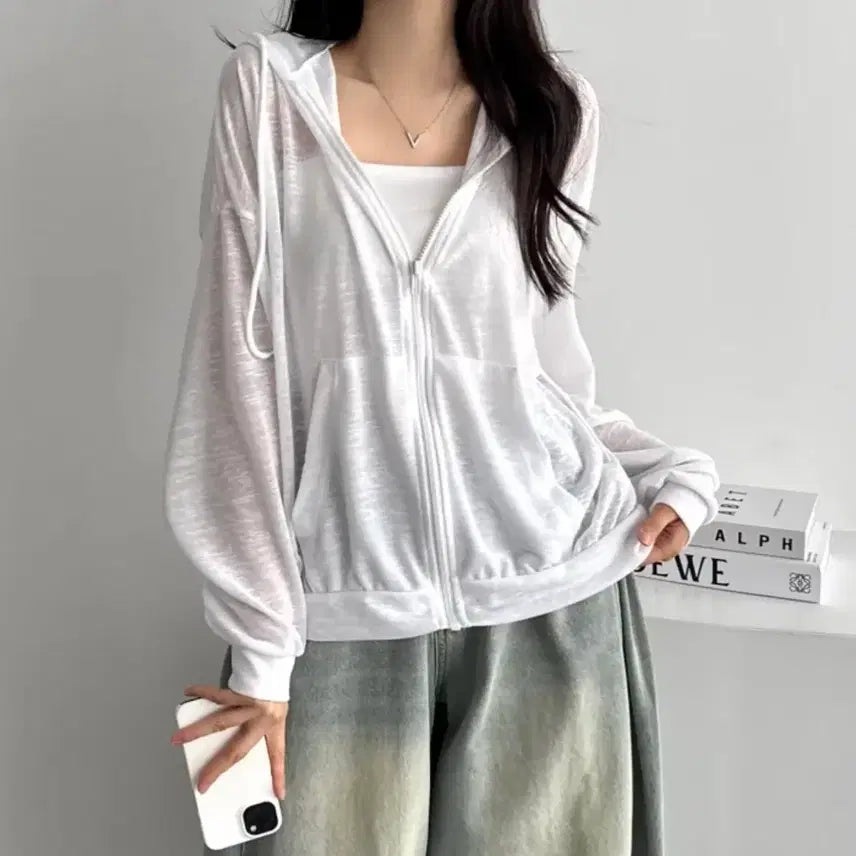 [BUNJANG] White Zip-Up Hoodie - Lightweight & Sheer Material / 시원한 얇은 소재 집업 후드 집업(에이블리 시스루)