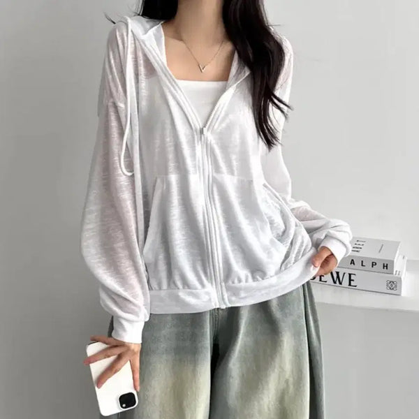 [BUNJANG] White Zip-Up Hoodie - Lightweight & Sheer Material / 시원한 얇은 소재 집업 후드 집업(에이블리 시스루)