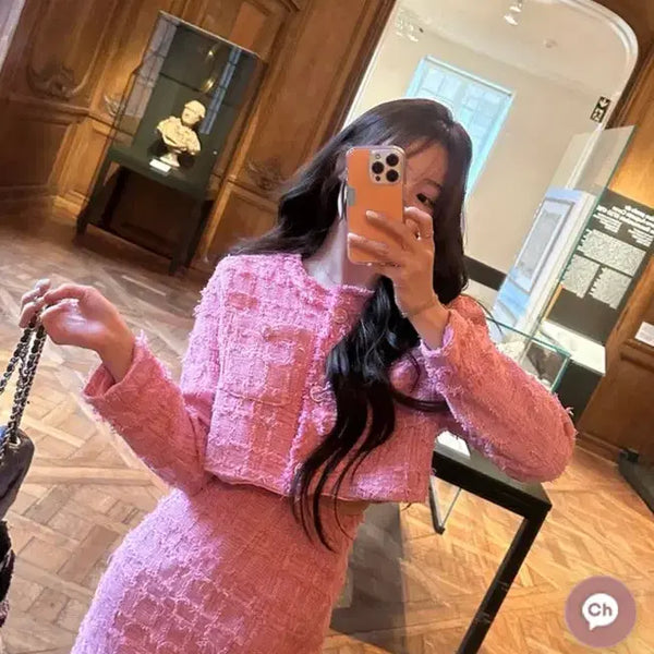 [BUNJANG] Marie Market Premium Fringe Tweed Set-up Pink (Size S) / 마리마켓 프리미엄 프린지 트위드 셋업 핑크