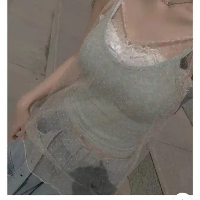 [BUNJANG] Mintcore Flower See-through Layered Camisole Set / 민트코어 플라워 시스루 레이어드 나시 세트