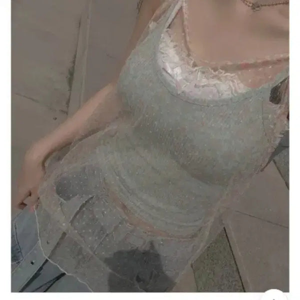 [BUNJANG] Mintcore Flower See-through Layered Camisole Set / 민트코어 플라워 시스루 레이어드 나시 세트
