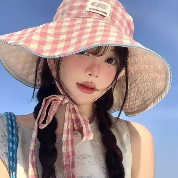 [BUNJANG] Check Bucket Hat / (핑크, 블랙, 레드)체크 버킷햇 벙거지 끈묶기 체크모자 비치모자 여행 버킷 모자
