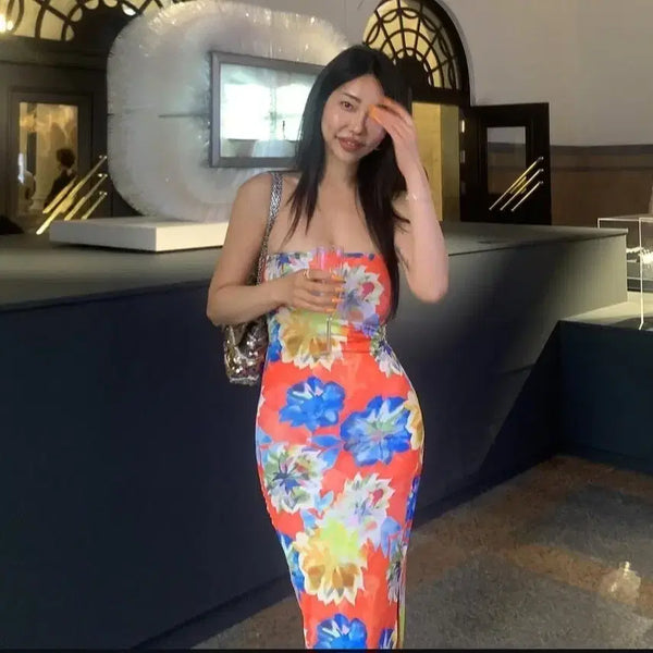 [BUNJANG] Floral Tube Top Maxi Dress / 플라워 갸루 튜브탑 맥시 원피스
