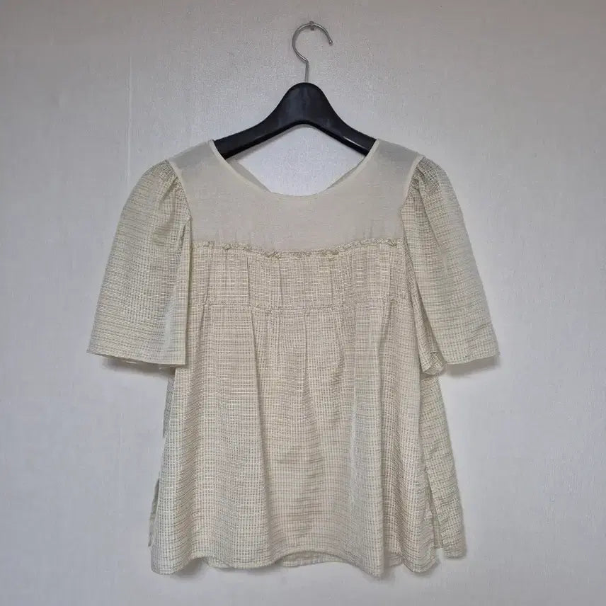 [BUNJANG] SJSJ Ivory Check Frill Blouse / SJSJ 2023제품 아이보리 체크무늬 프릴 블라우스 한섬 시스템